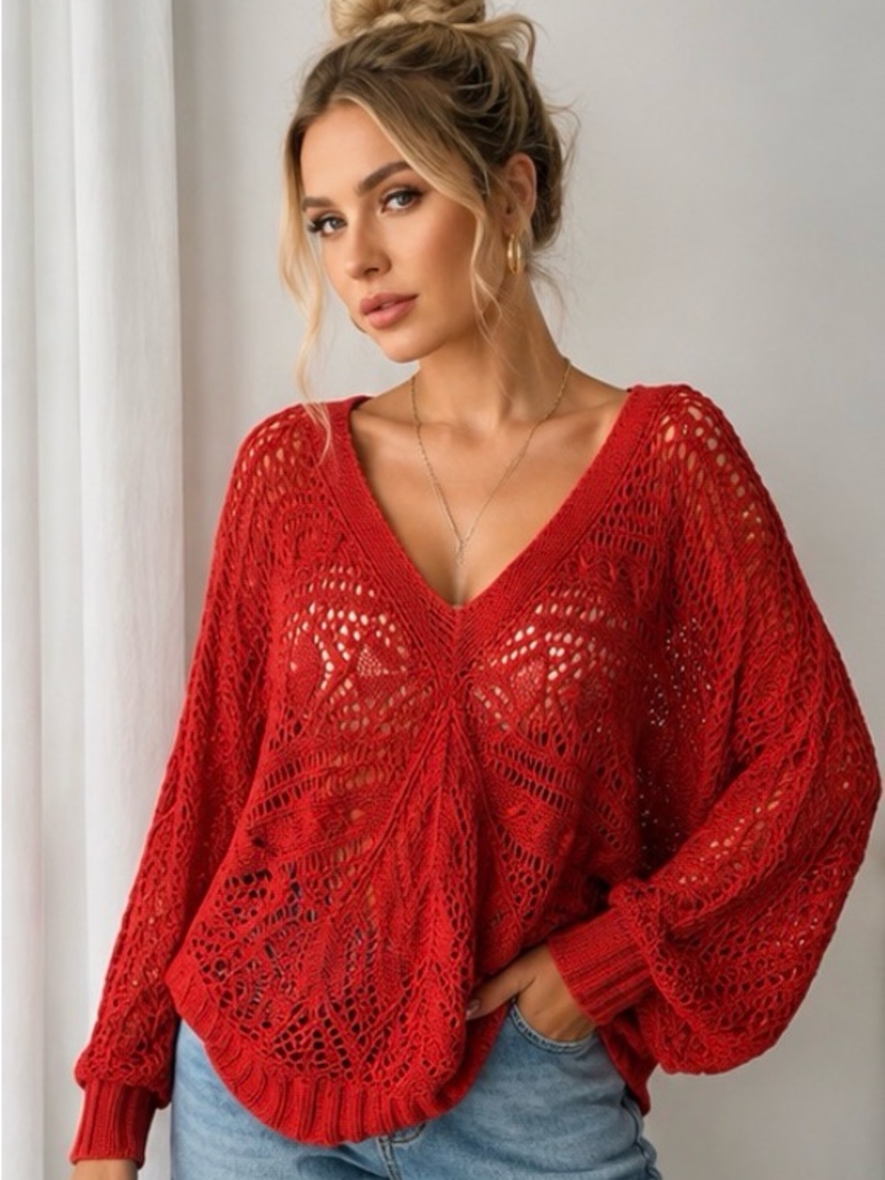 Red Open-Knit V-Neck Women's Sweater